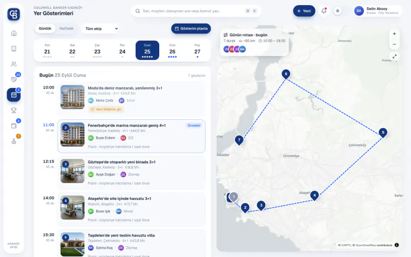 Emlak CRM demosunda yer gösterimlerinin günlük rotası haritada