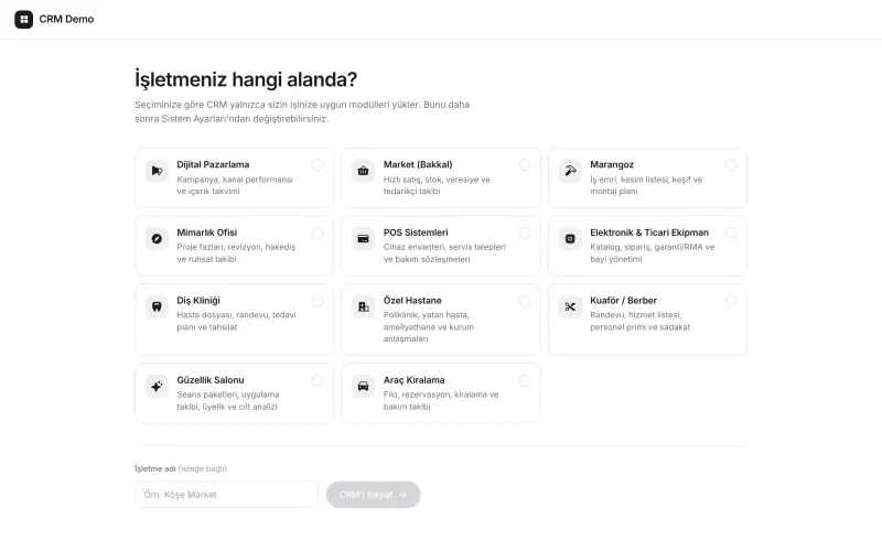 Genel CRM: işletme tipi seçimi