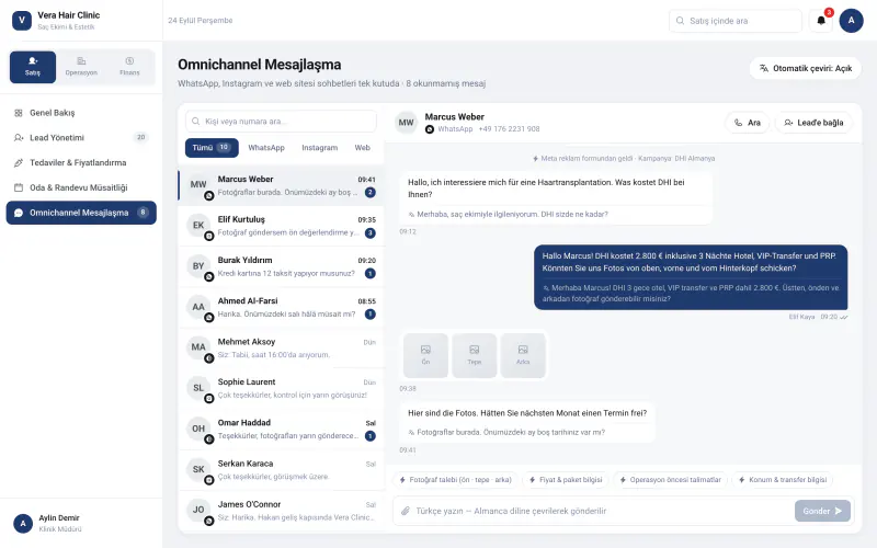 Klinik CRM demosunda WhatsApp, Instagram ve web sohbetini birleştiren hasta gelen kutusu