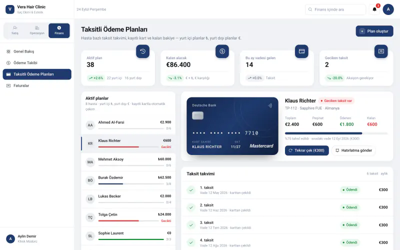 Klinik CRM demosunda döviz bazlı taksitli ödeme planları